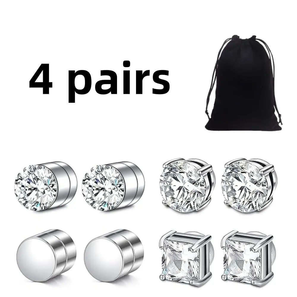 4 pairs Stainless Steel Magnetic Stud Earring Cubic Zirconia Stud Earrings Hypoallergenic Fake Earring Non Piercing CZ Magnet Studs for Women Men Silver