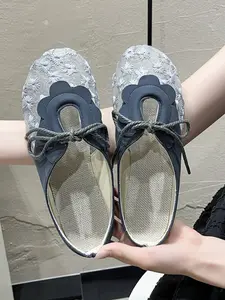 Spring Summer New Women's Lace Open Toe Slippers, Flat Bottom Bow Mesh Outdoor Wear, Breathable Fashion Versatile Half Slipper