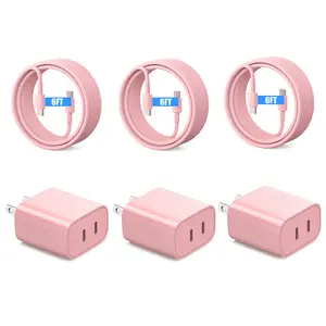 iPhone 15 16 Charger, 3 Pack Pink Dual USB C Charger Block 20W USB-C Power Adapter Wall Plug Cube Double C Port Charging Brick for iPhone 16 15 Pro Max Plus,iPad Pro with 3X 6FT Type-C Cable
