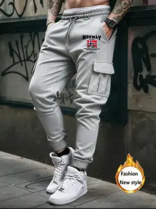 Men's Casual Fitted Long Pants, Norway Flag Letter Print, Thick Comfortable Warm Fabric, Multi-Color Options, Fall & Winter Wear