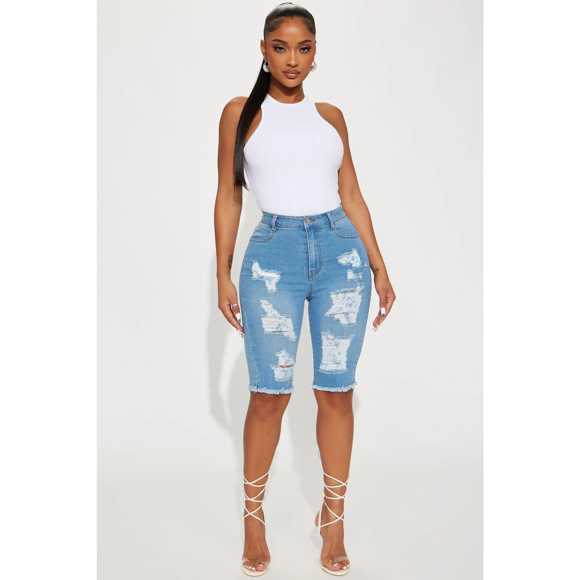 Lianna Distressed Bermuda Shorts - Light Wash
