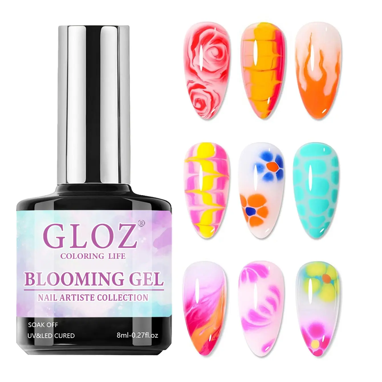 GLOZ 8ml Blooming Clear Gel Nail Polish, Watercolor Transparent Nail Art Gel, Soak Off UV LED Gel, Need Lamp Cure for DIY Manicure, Nail Care, Gel Polishes