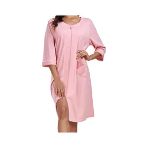 Women's 100% Cotton Robe Lightweight 3/4 Sleeve Zip Front Robes Soft Knee Length Bathrobe Housecoat