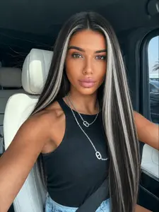 26 Inch Black And White Straight Lace Front Wigs Heat Resistant Synthetic Fiber, Soft & Lightweight Natural Parting