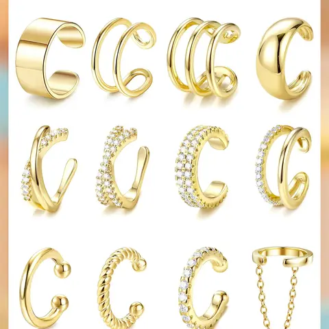 LOLIAS 12Pcs Hypoallergenic Non Piercing Ear Cuffs - 14 Karat Gold Plated, Adjustable Clip-On Cartilage Earrings Set for Women, Hypoallergenic Earrings