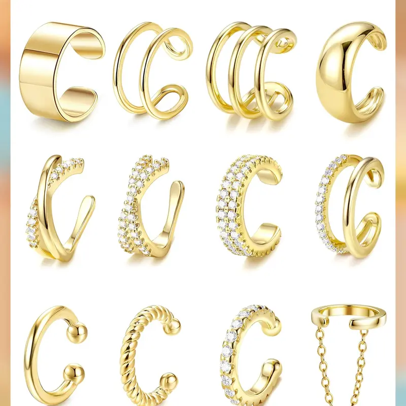 LOLIAS 12Pcs Hypoallergenic Non Piercing Ear Cuffs - 14 Karat Gold Plated, Adjustable Clip-On Cartilage Earrings Set for Women, Hypoallergenic Earrings