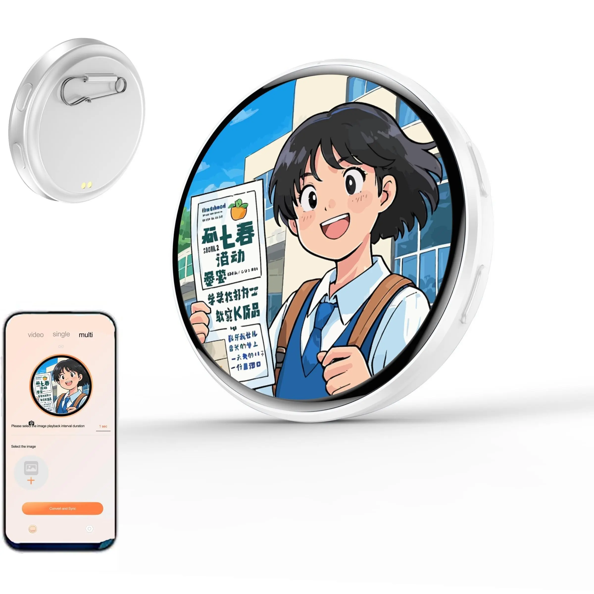 Electronic Anime Pin with HD Touchscreen, Customizable Cute Bluetooth-compatible Badge, Animated Lapel Pin for Cosplay Parties, Cool Tech Gift, Lapel Brooch