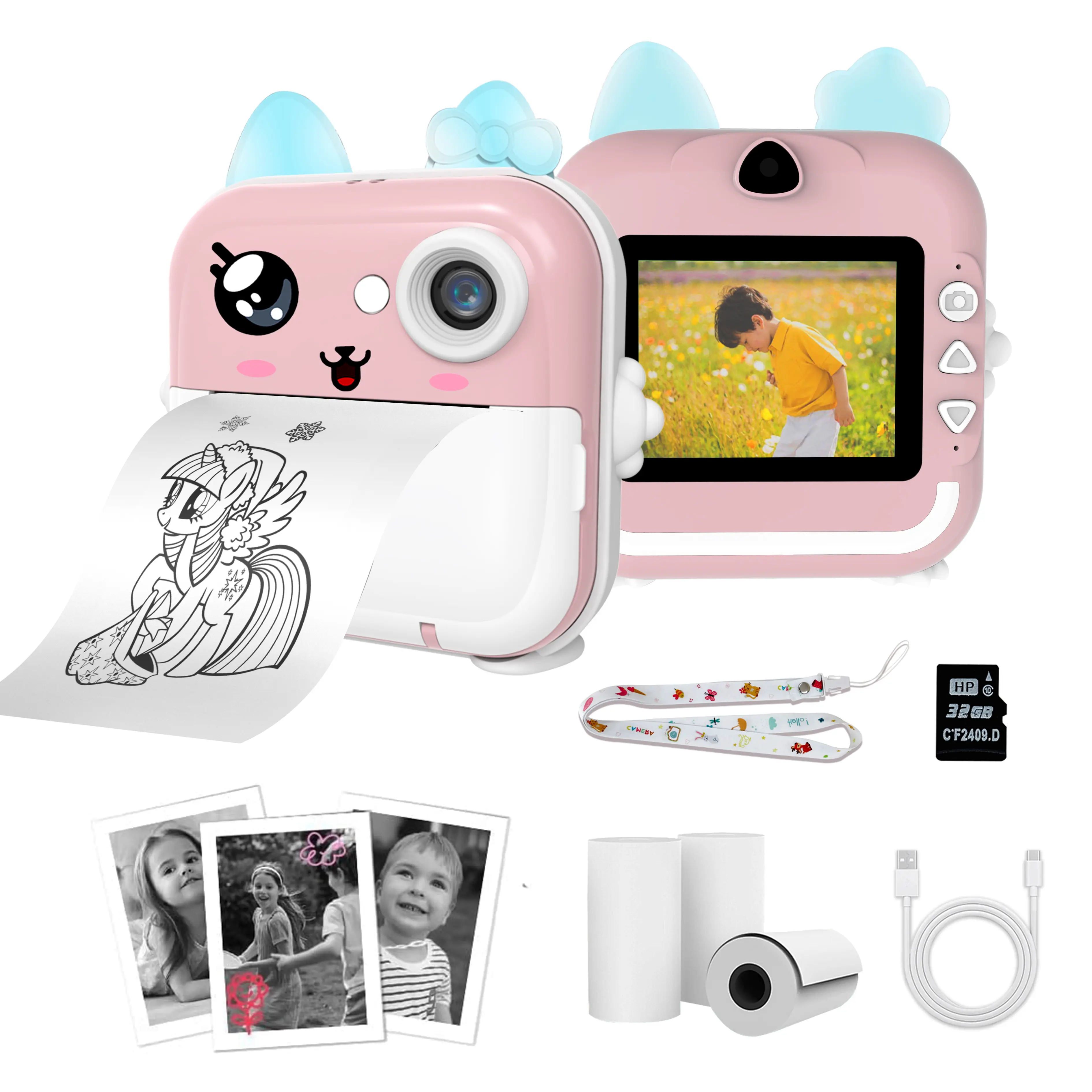 Kids Portable Rechargeable Digital Camera Toy with Instant Photo Printing, 32GB TF Card, 3 Rolls Paper, Type-C Charge Cable – Christmas, Birthday, Growth Anniversary Commemorative Gift