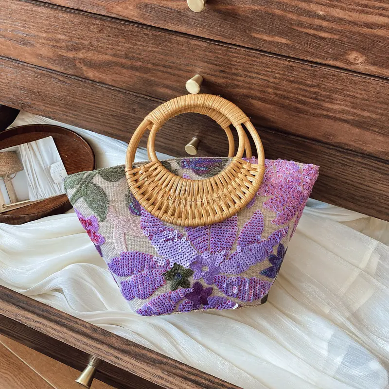 Sequin straw bag with a high-end feel, niche embroidered bag, elegant ladies' textured linen bamboo woven handbag luxury designer