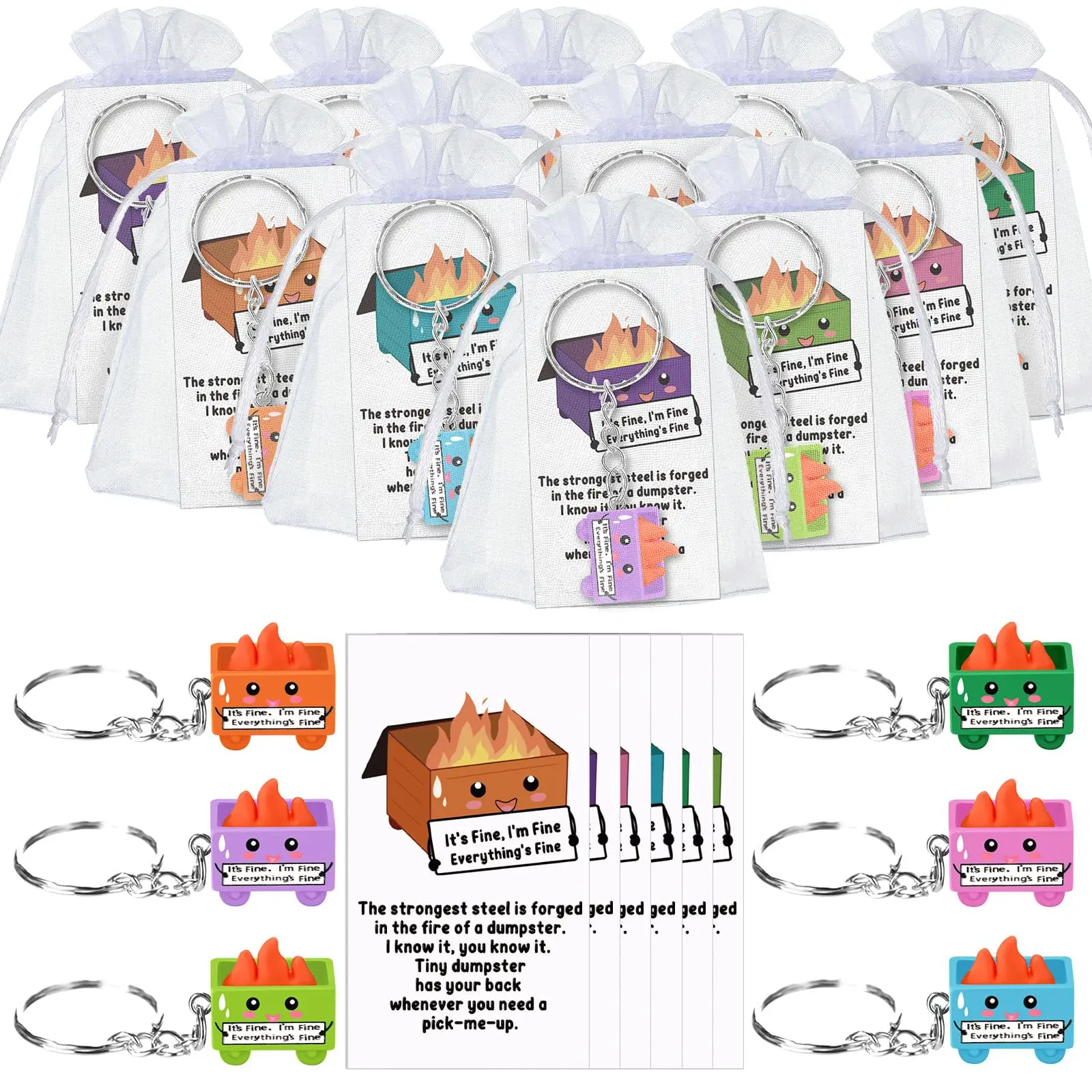 Dumpster Fire Keychains Set Labor Day Humorous Nurse Teacher Employee Gifts, Emotional Support Glow in Dark Resin Keychain with Affirmation Cards and Bags Gift Set for Administrative IT Service Industry Workers Coworker Student