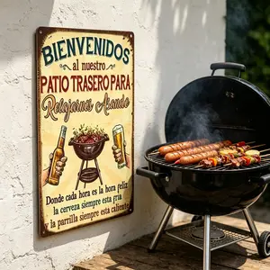 1PC Bienvenidos Patio Tin Sign, Vintage Outdoor Sign, Welcome To Our Backyard BBQ, Perfect For Patio Decor, Retro Garden Sign, High-Quality Metal Sign, Ideal For Outdoor, Kitchen, Cafe, Bar, Perfect For BBQ Enthusiasts, 8x12 Inches / 20x30 Cm