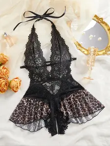 AgeRose Women's Sexy Deep V Neck Strapless Bodysuit Soft High Elastic Lace Floral Patchwork One-piece Sleepwear baby doll tops New Year Gift Valentine's Day Gift Elegant Vneck Sleepwear