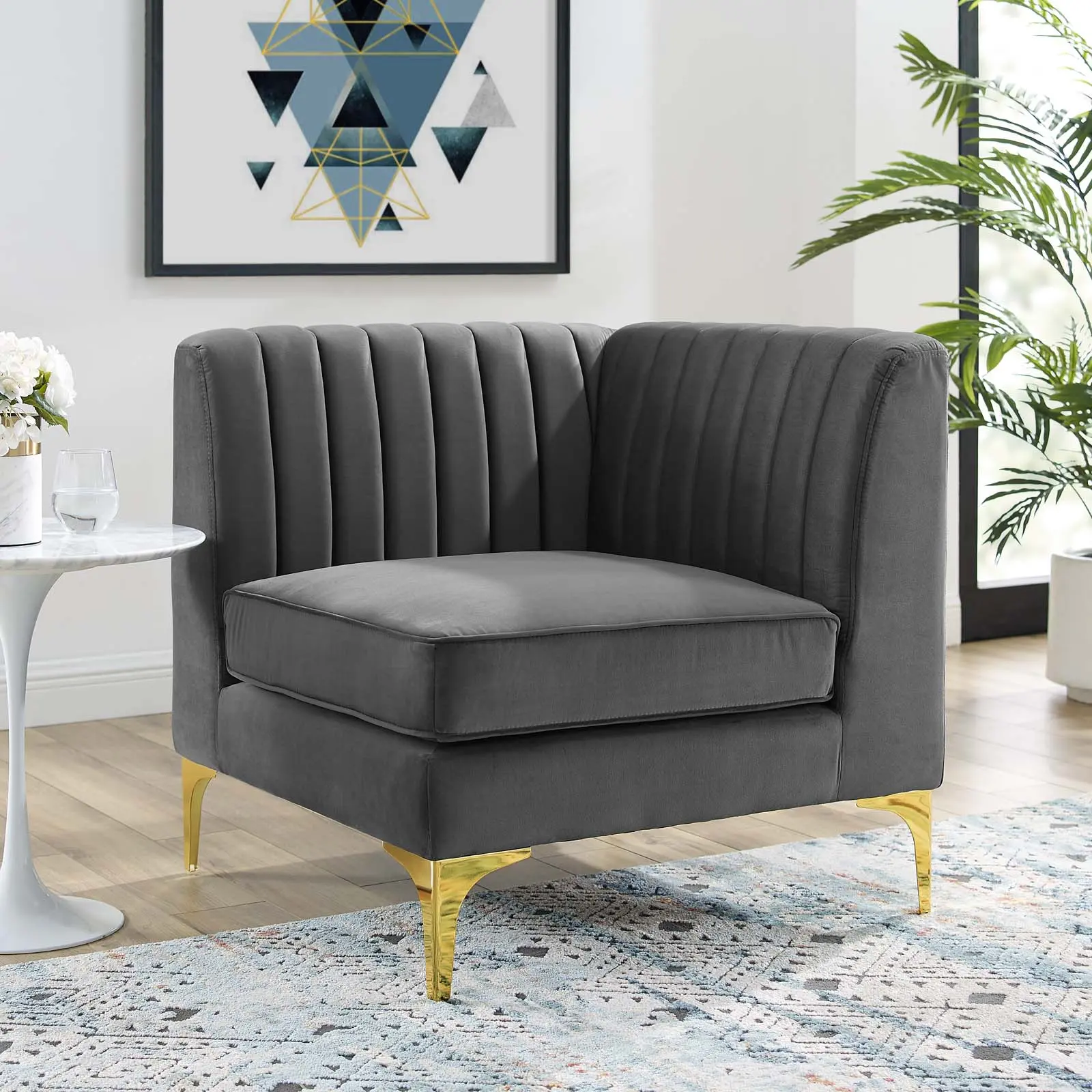 Modway Triumph Interior Upholstered Corner Sectional Sofa Chair - Channel-Tufted, Performance Velvet, Gray (Part of Corner Sectional Sofa Sets)