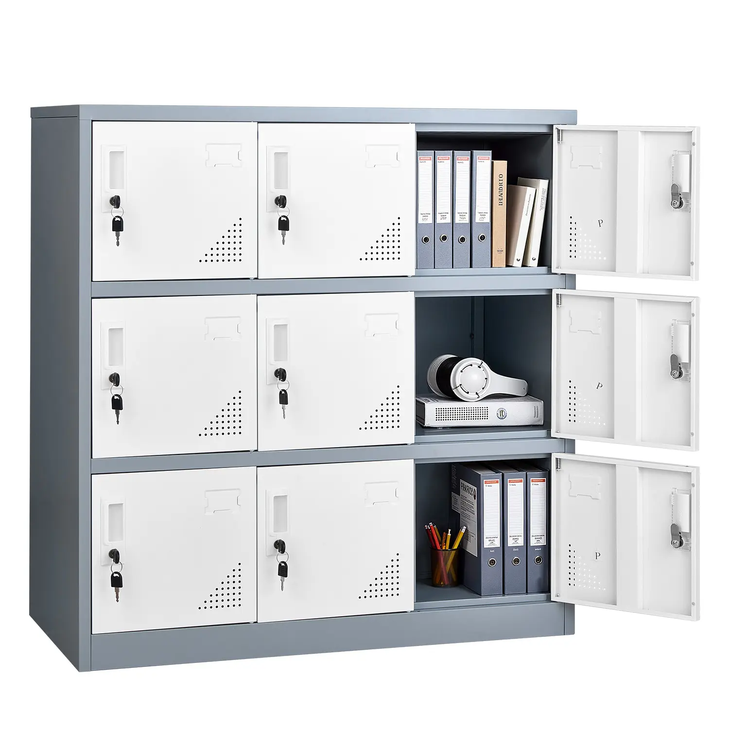 VEVOR 9 Doors Metal Locker, Lockable Steel Storage Cabinet, 66 lbs Loading Capacity, 2 Keys for Each Door, 3 Tiers Employee Lockers for Office, School, Gym, Easy Assembly, 35.4 x 17.7 x 37 in, Gray