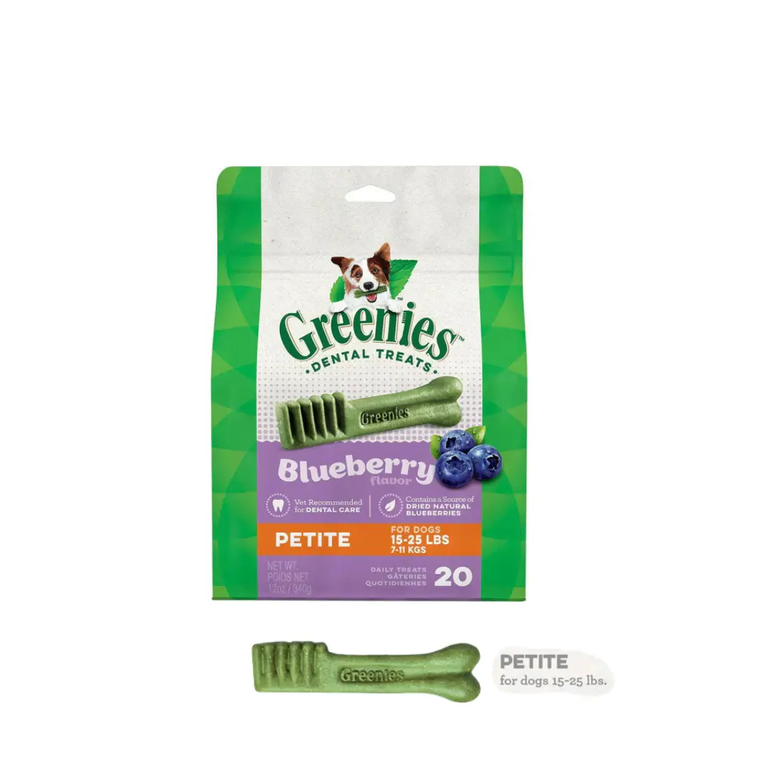 GREENIES Blueberry Extra Small Dental Dog Treats - 20 Count, with Natural Flavors, Glycerin, Potassium Chloride, Biotin, Lecithin, Gelatin, Wheat Flour, Vitamin D3 Supplement, Fresh Breath, Niacin Supplement, Selenium for Clean Teeth