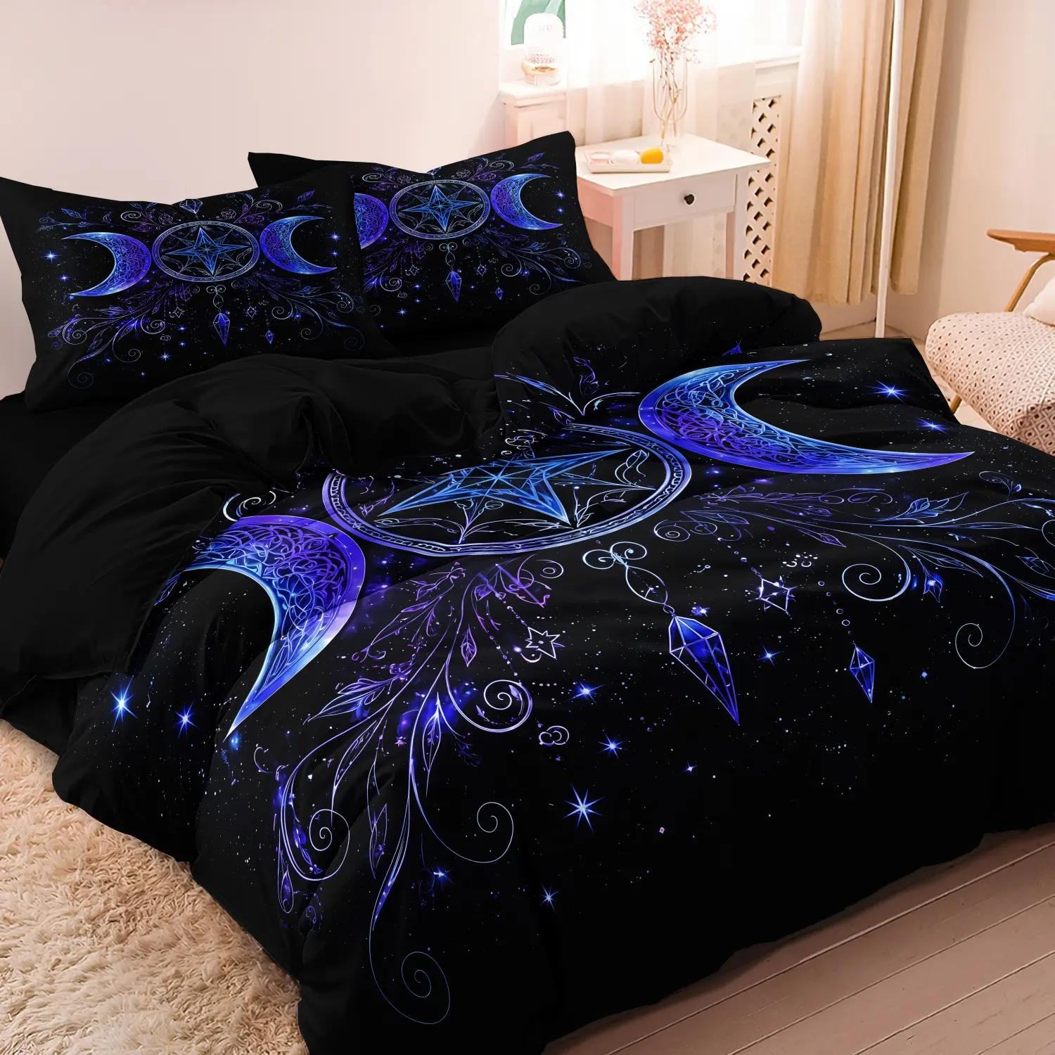 3pcs Set Black Background Purple Blue Moon Pentagram Duvet Cover Sets, Starry Bedding, Gothic Occult‑Style Bed Linen for Home Bedroom, Dormitory & Hotel Use (1 Duvet Cover + 2 Pillowcases, No Comforter, No Pillow)