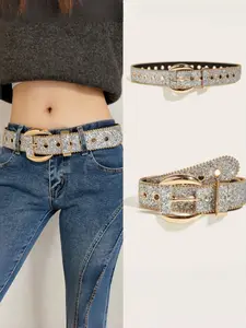 Women's Silver Glitter Waist Belt with Gold Buckle, Y2K-Style Sparkle Belt for Jeans and Dresses, Punk-Style Metal Eyelet Belt