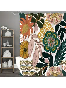 Boho Floral Shower Curtain, Tropical Leaves Fabric Cloth Shower Curtains for Chic Elegant Bathroom Decor, Modern Farmhouse Abstract Colorful Flower Shower Curtain, Water Proof, Metal