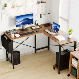 L Shaped Computer Desk with Wooden Desktop CPU Stand Side Bag Reversible, Rustic Brown
