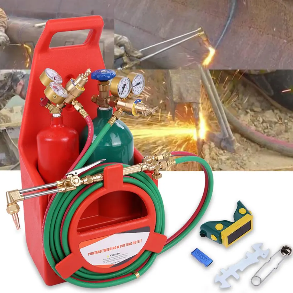 Explorinox Oxygen-Acetylene Cutting Welding Torch Full Kit - Long Pipe Brass Nozzle Tool with Gauges, Oxygen Regulator, Acetylene Regulator, 2 Nozzles, 2L Fuel Tank, 4L Gas Tank, 12ft Hose, 30cm/11.81in Spanner, Igniter-Equipment, Cylinder Holder, Pin