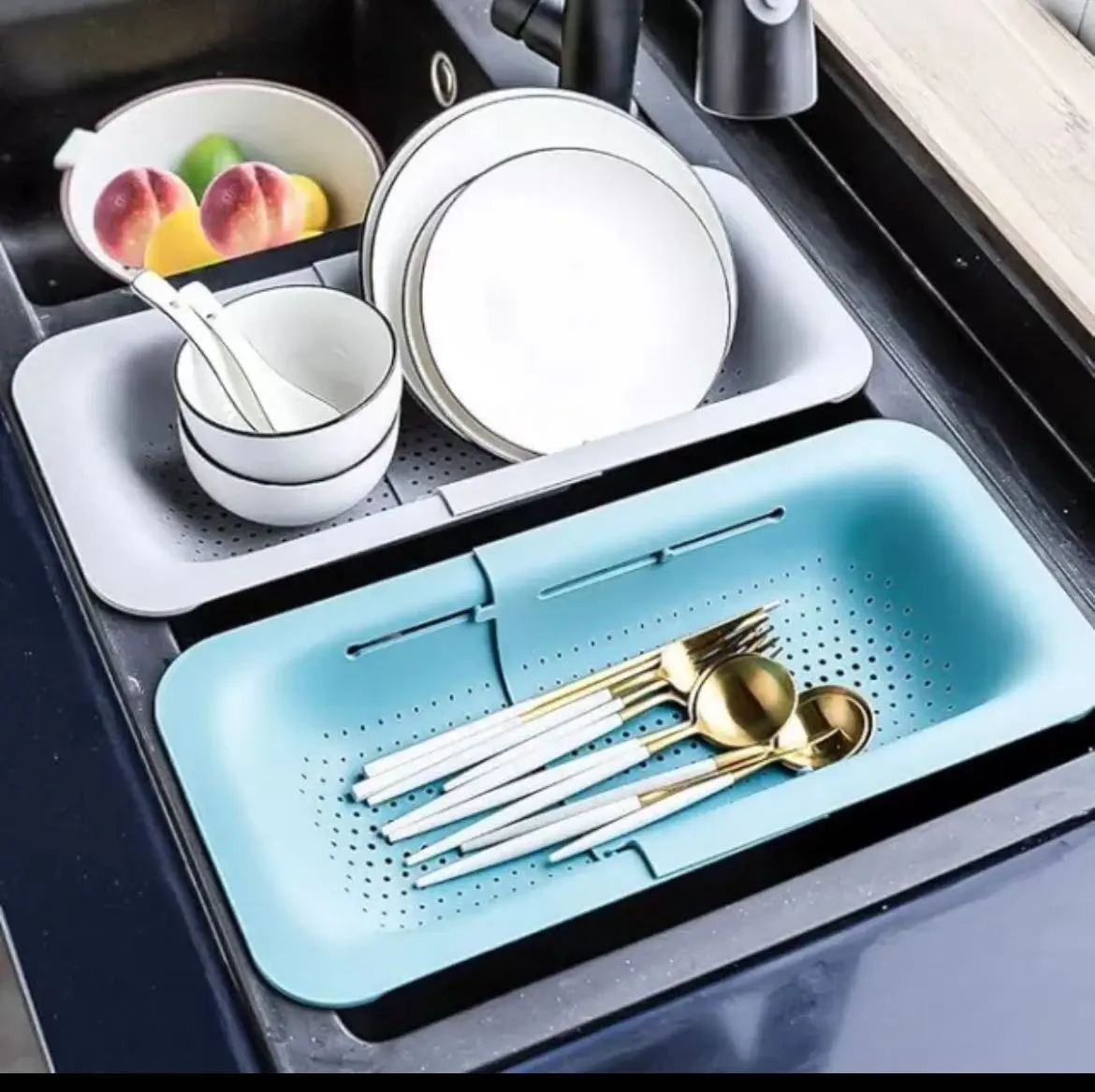 Adjustable Durable Plastic Over-the-Sink Strainer Colander Set - Kitchen Utensils, Strainer Utensils, 14.3-19.4in Portable, Even Hollowed Draining Filter Holes, Retractable for Storage, Less Wet Countertops, Fruit/Veg Rinse Gadget
