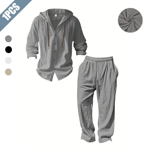 Men's Two-Piece Set Includes Solid Color Buttoned Hooded Shirt and Pants Breathable Regular Fit Casual Long-Sleeve V-Neck Top and Trousers Suitable for Beach Vacations Men's Four-Season Two-Piece Set Clothes Menswear Classic Outfit Day Matching