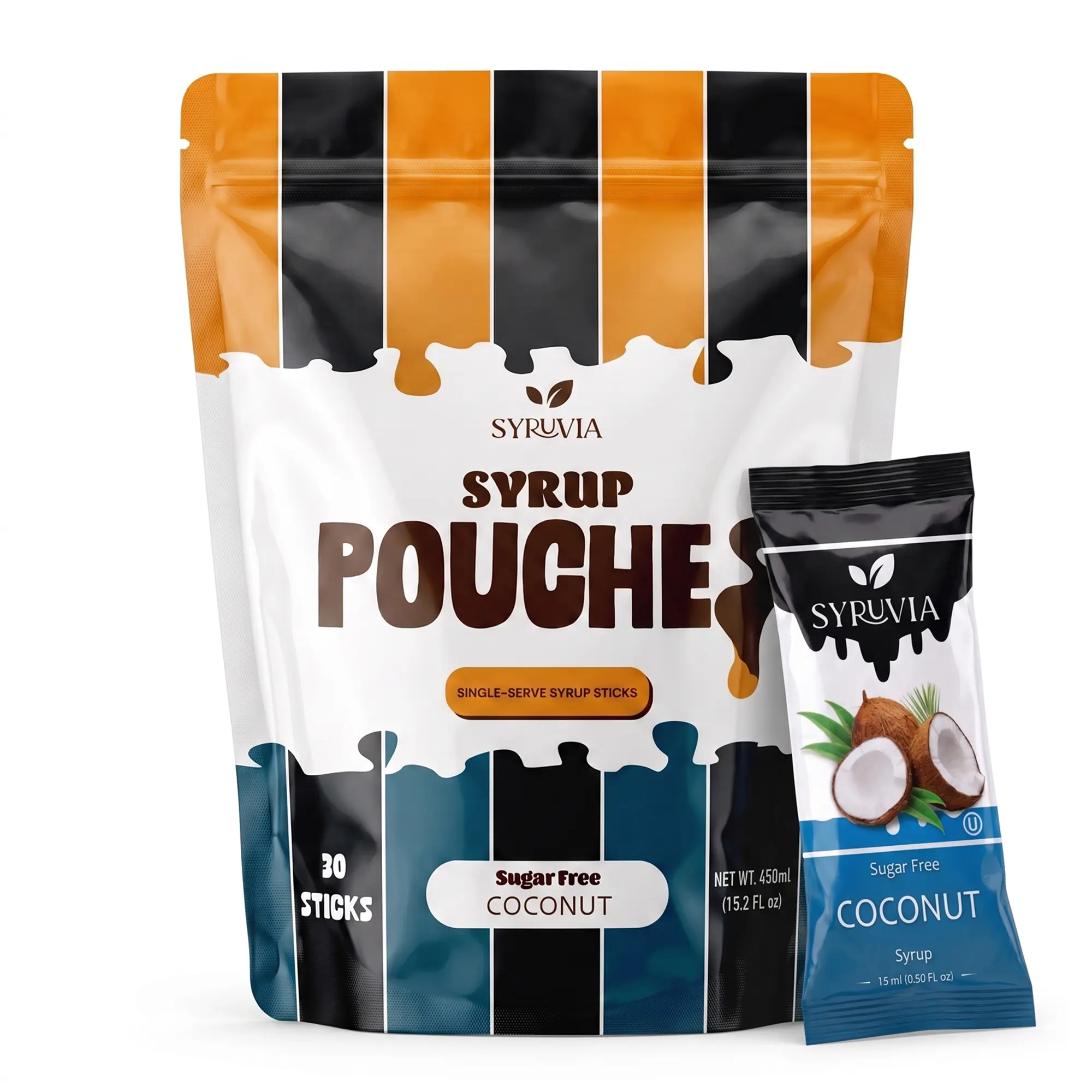 Syruvia Sugar Free Coconut Syrup Pouches, Coffee Syrup Sticks for Coffee, Cocktails, Drinks & Desserts, 30 Count (15 mL Each)