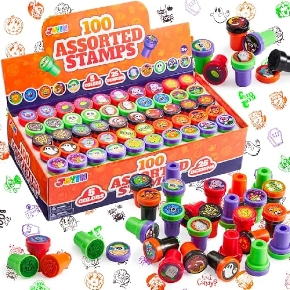 100 Pcs Halloween Stampers for Kids Gift, 25 Designs Assorted Plastic Stamps Bulk for Halloween Party Favors Goodie Bag Fillers, Teacher Student Stamps for Classroom Game Prizes
