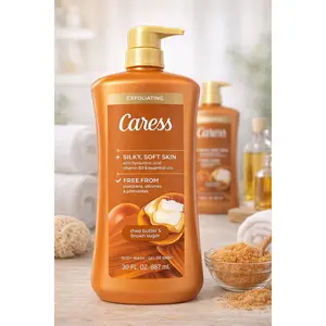 Caress Exfoliating Body Wash Shea Butter & Brown Sugar 30FL OZ Hydrates with Hyaluronic Acid & Vitamin B3 for Silky Smooth Skin
