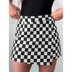 Black Checkered Print Overlap Denim Shorts, Flattering Mini Length Enhances Legs While Maintaining Easy Movement.