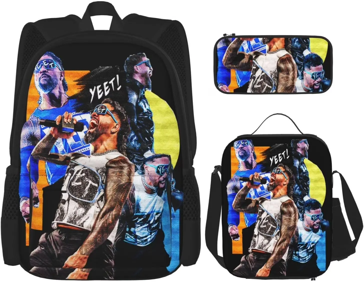 Jey USO Wrestler Backpack 3 Pieces Set With Lunch Box And Pencil Pouch Combination for Work/Sport/Picnic Classic Laptop Backpack Travel Daypack Stationery Bag