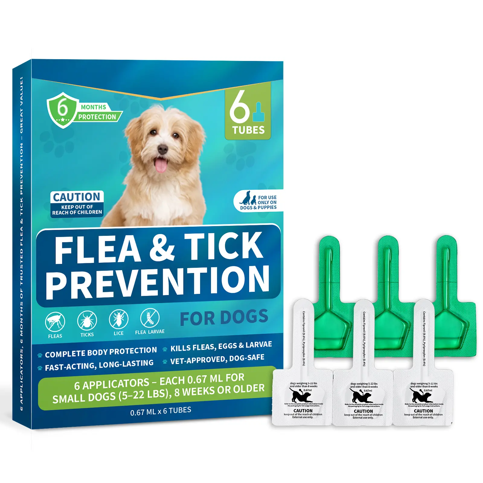 Woyamay Liquid Flea & Tick Prevention Multi-Pack for Small Dogs (Up to 22 lbs) - 6-Month Supply, 6 Tubes, Vet-Recommended Topical Fast-Acting Treatment Drops for Fleas & Larvae, Includes Spray