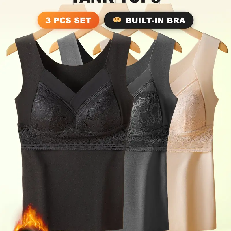 Women's 3-Pack Thermal Underwear Bras - V-Neck Sleeveless, Soft Breathable Skin-Friendly Elastic Fabric, Contrast Lace Detail, Comfortable Luxe Fit, Plain Elegant Sexy Clothes, Machine Washable, Warmth with Style for Autumn Winter Family Gatherings Womens