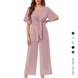 Danedvi Women's Short Sleeve Wide Leg Jumpsuit - Tie Knot Front, Summer Long Overalls