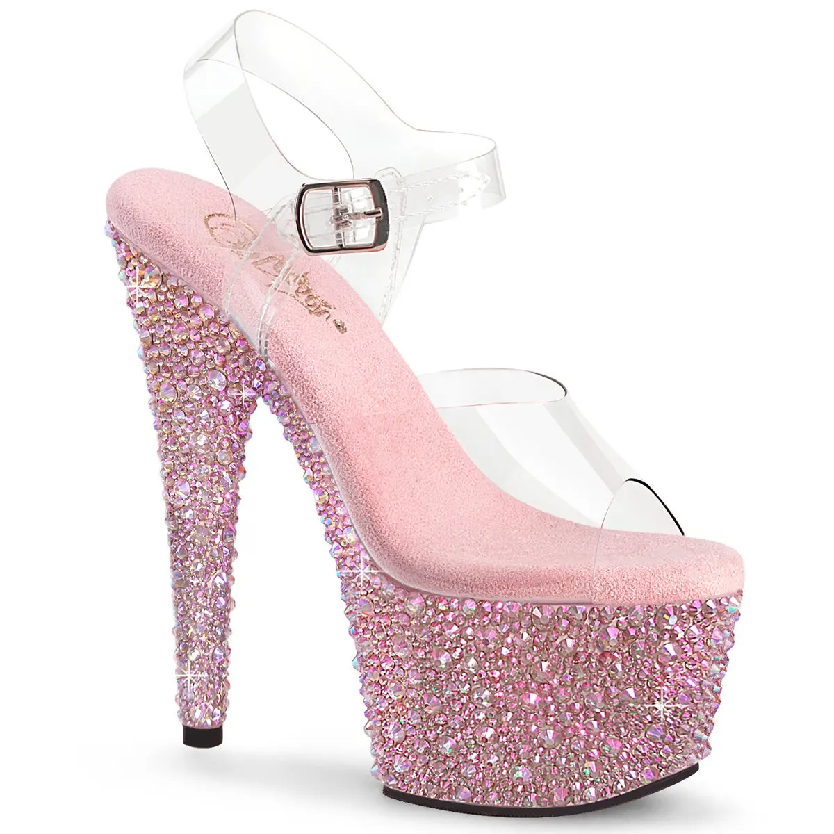 Women's Stylish Bejeweled Rhinestone Ankle Strap Heeled Sandals - Footwear with 7" Stiletto, 2.75" Platform Base, Performance Design