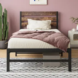 [Bellemave]Twin/Full/Queen Size Platform Bed Frame with Rustic Vintage Wood Headboard, Strong Metal Slats Support Mattress Foundation, No Box Spring Needed Rustic Brown