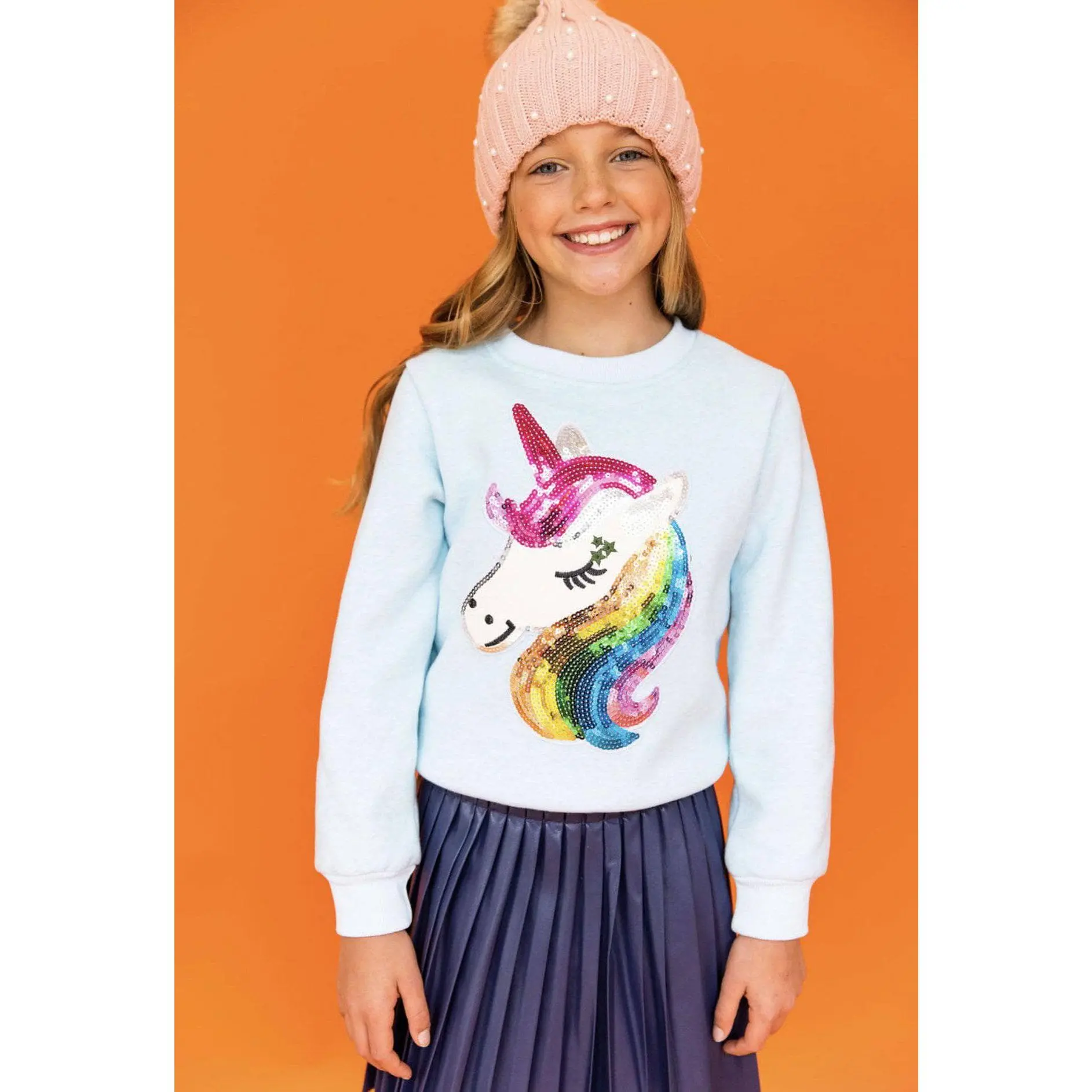Women's Soft Polyester Sky Blue Tops, Rainbow Sequins Unicorn Print Sweatshirt