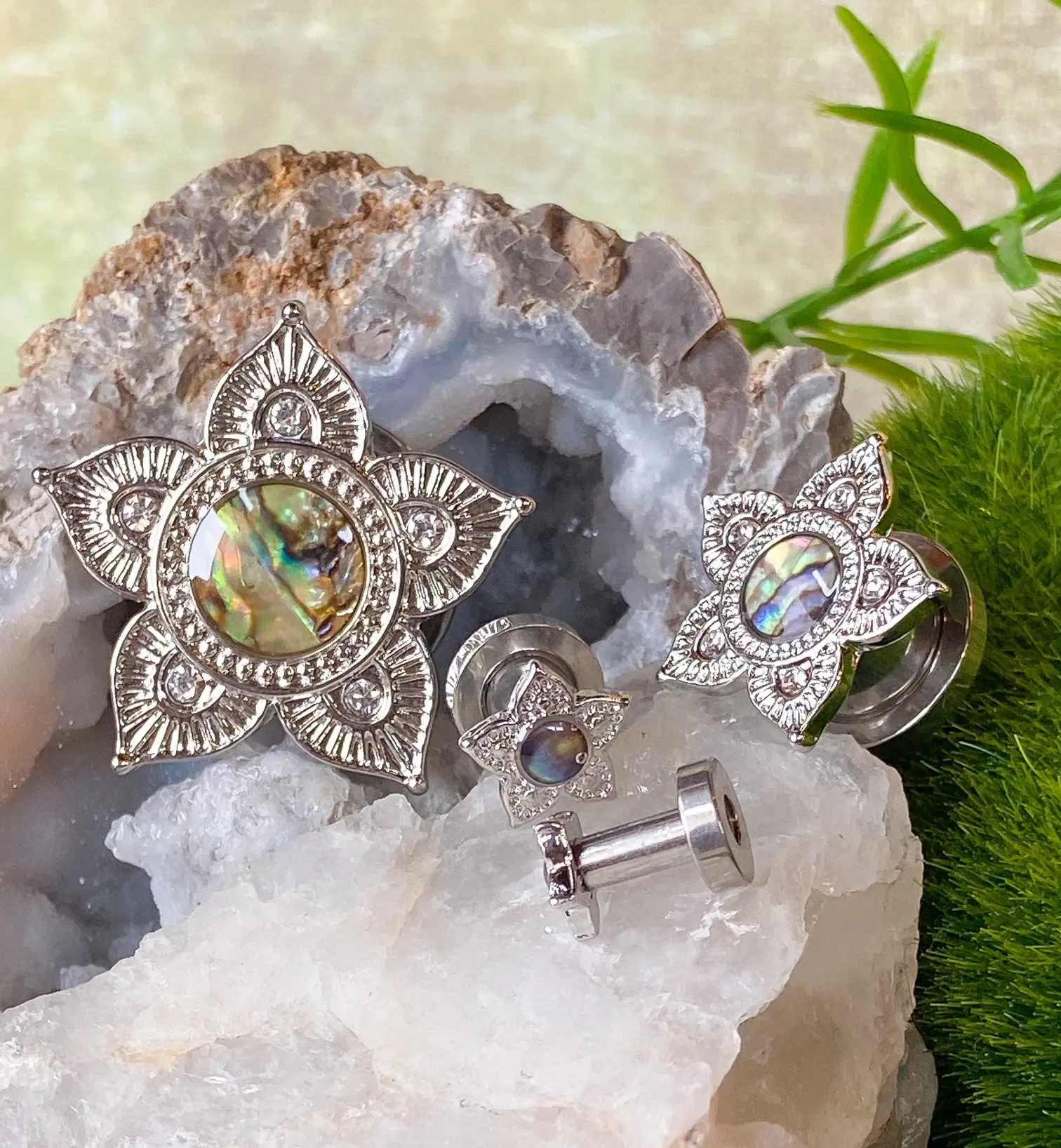 PAIR of Stunning Abalone Centered Tribal Flower Screw Fit Tunnels/Plugs - Gauges 8g (3.2mm) thru 5/8" (16mm)