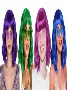 Women's Short Wavy Wig with Bangs, Bob Wig, 12 Inch Colored Wig, Wavy Synthetic Wigs, Synthetic Wig for Halloween Costume, Includes Sunglasses, Synthetic Fiber Wig