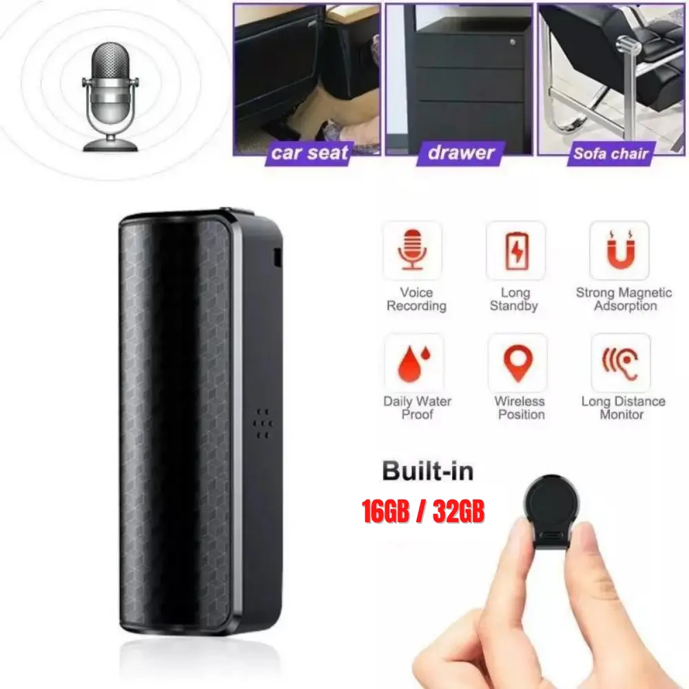Mini Hidden Magnetic Rechargeable Spy Voice Recorder - 16/32GB Digital Device with Built-in 3800mAh Battery, 65 mm Design, 8 Hours Playback, Button Control, Stereo Audio, Voice Activated, Noise-Reducing Recording, Handy Car Seat Mount Compatibility, Usb,