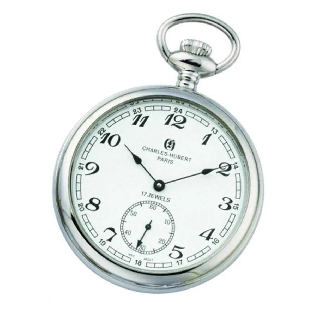 Charles-Hubert- Paris Stainless Steel Mechanical Open Face Pocket Watch #