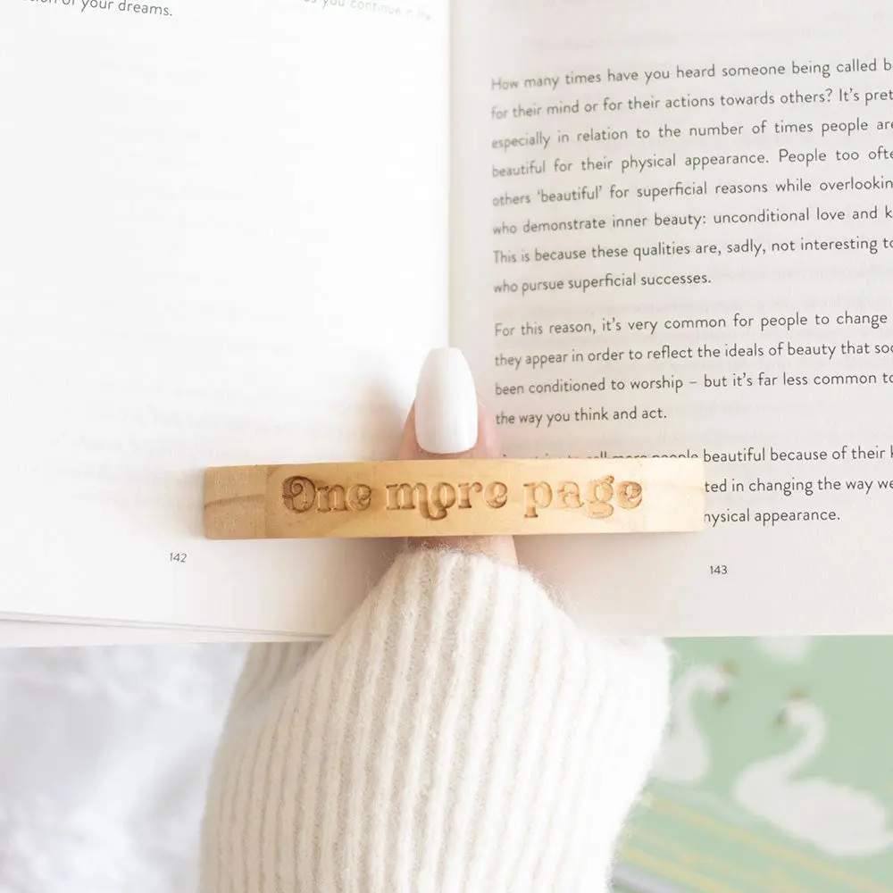 Natural Wood Engraved Text Thumb Holder - 1-Hand Operation, Wide Page Spreader, Relaxing On-the-Go Reading, Office Stationery Book Accessories