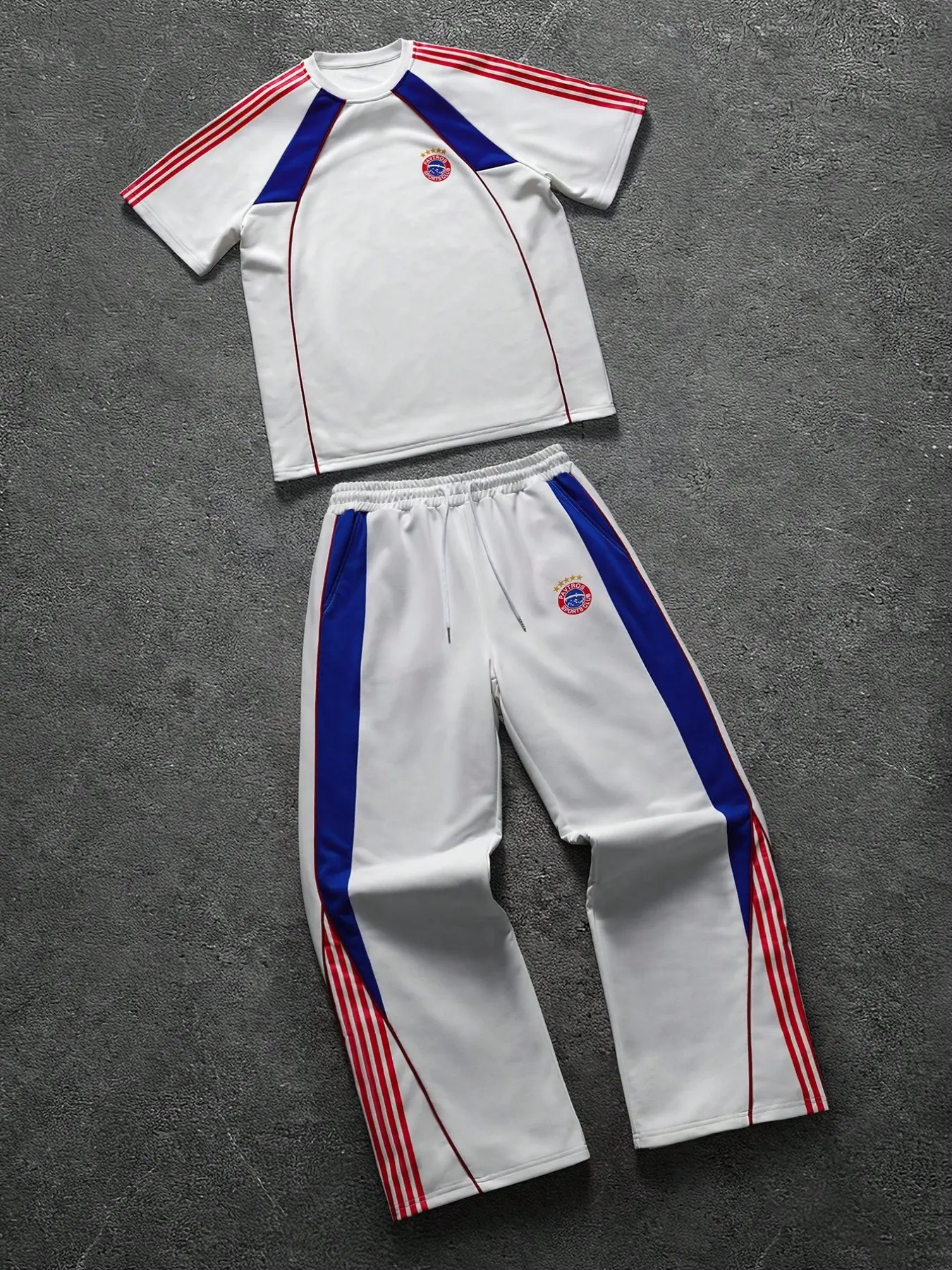 Classic German Football Club Tracksuit, Short Sleeve Tee & Baggy Sweatpants Set, Striped Details, Breathable Athletic, Sports Wear Set, Sports Set