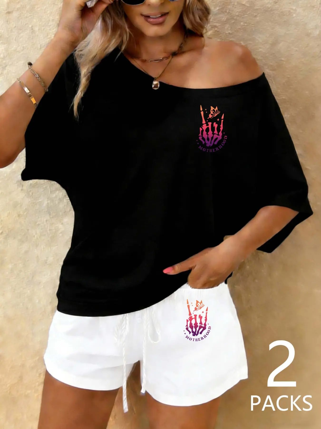 Women's Casual Loose Fit One Shoulder Top & Striped Shorts Matching Set, Striped Printed Set, Skull Print, Perfect for Outdoor, Shopping, Party, Summer Loungewear Sets, Summer Outfit Set, Womenswear