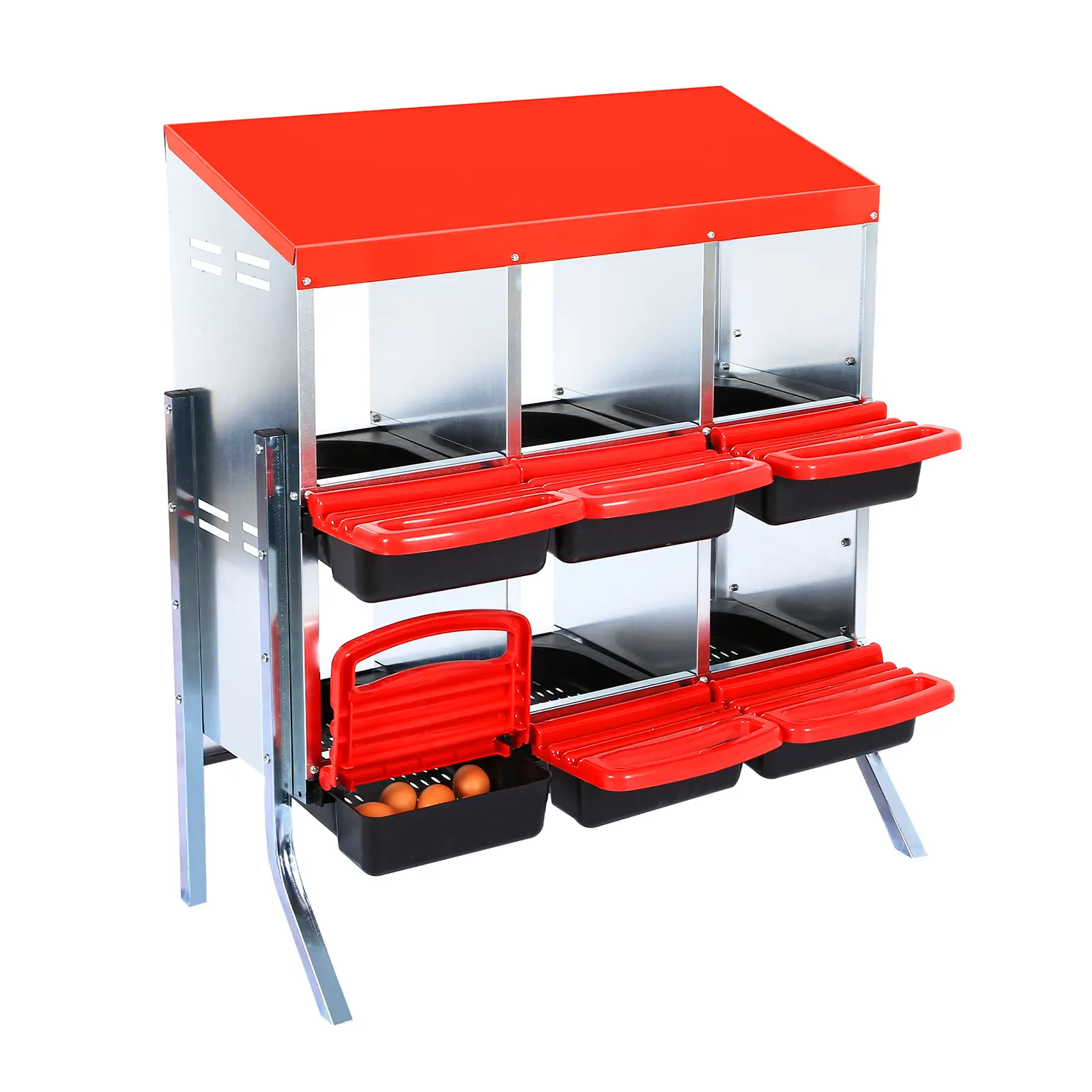 8-Compartment Heavy Duty Steel Frame Chicken Nesting Box for Egg Laying - Wall Mount or Floor Placement, Ventilation Holes, Odor Control, Resting Platform, Rollaway Design, Steel Roof