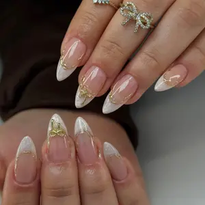 24pcs Almond Press-On Nails, French Edge Butterfly Knot Design, Nail Tips Art, Includes Jelly Glue & File, Reusable for Gel and Daily Use, Handmade Reusable Nails, Almond Fake Nails, False Nails, Almond Shape Nails