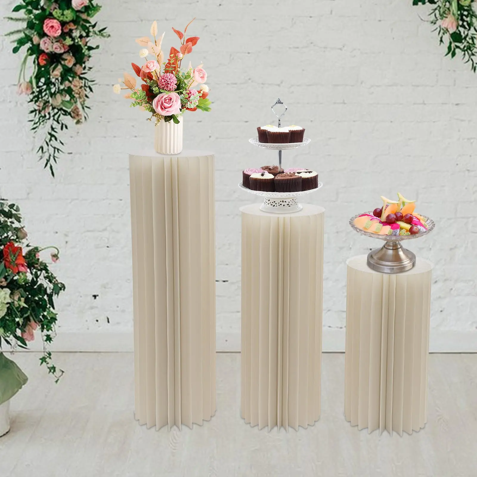 3pcs Foldable Smooth Sturdy Cardboard Cylinder Centerpiece Displays - PVC Bar Round Pillars & Cylinder Stands, 25-30kg Load, Assembly Required, for Formal Dining Room Weddings Decoration, Kitchenware Bakeware Buffet Plates Decorating Tools, Modern