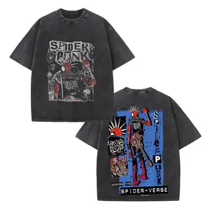 Retro Spider-Punk (Hobie Brown) "Across the Spider-Verse" Vintage Washed Tee, Unisex MCU Spider-Verse Graphic Oversized Heavyweight Cotton Streetwear T-Shirt