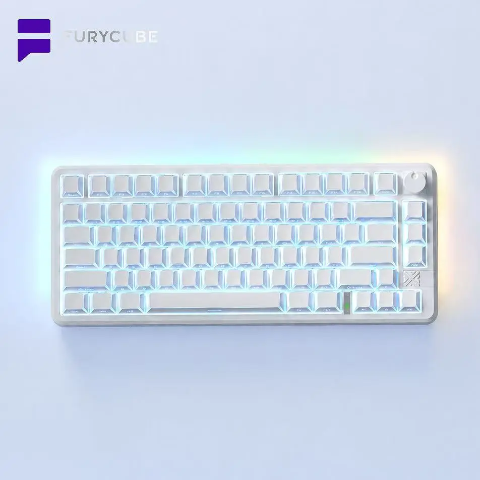FURYCUBE FC75 PRO Creamy Keyboard Wireless Mechanical Keyboard with Knob Bluetooth 2.4G Tri-Mode Side Engraved Gaming For Laptop Computer 75 Keys RGB Light  PBT Keycaps 3/5 Pin Hot key Cappuller Gift Guide Gasket Gaming Keyboard White Translucent keycaps