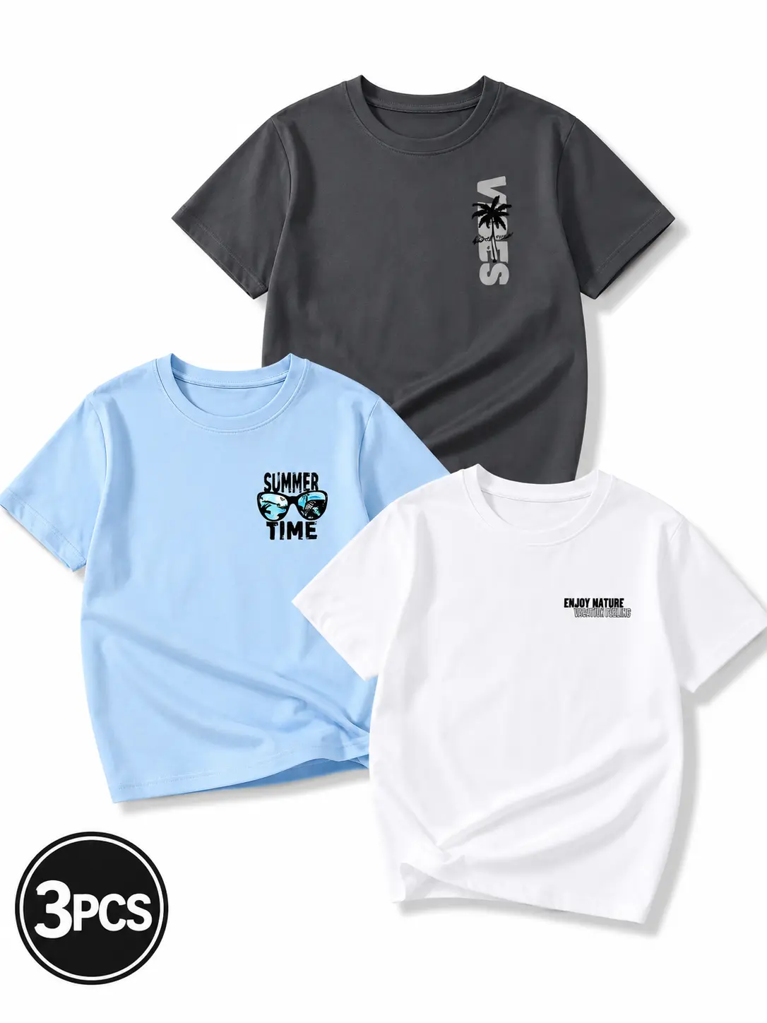 Boys 3 Pack Beach Graphic T-Shirts, Tropical Summer Print Short Sleeve Crew Neck Tees, Casual Everyday Tops